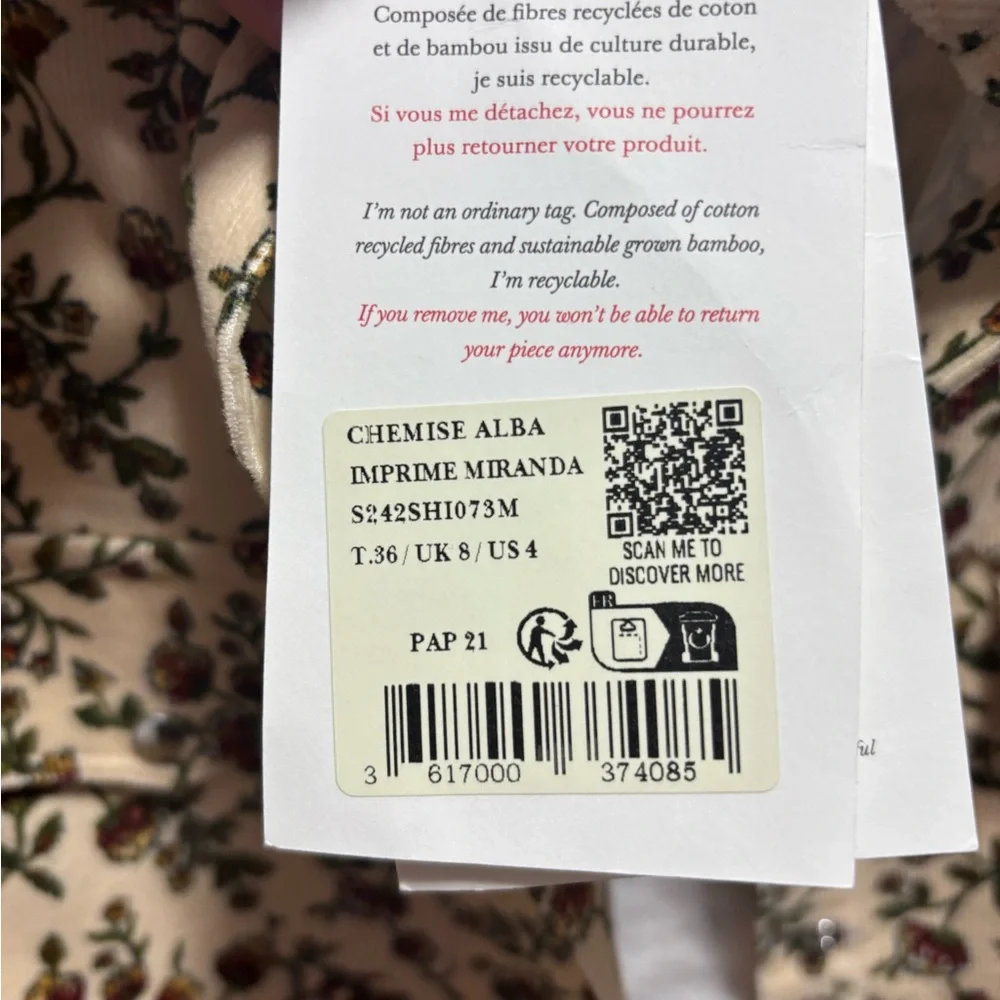 NWT Sezane Alba Miranda Ecru Print Corduroy  Button Down Shirt - Picture 3 of 3